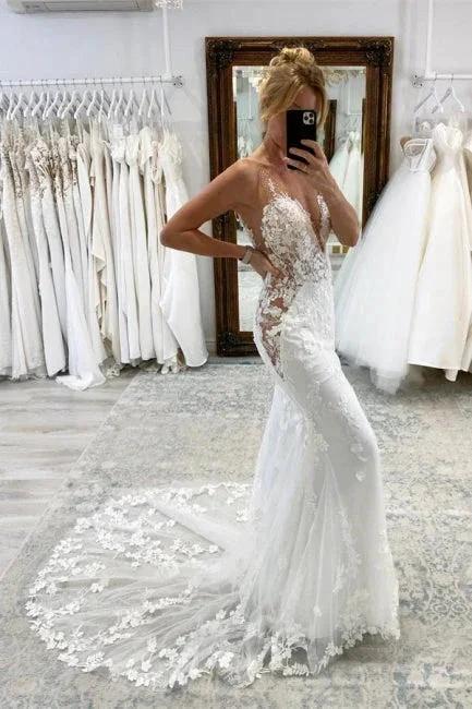 Vintage White Long Mermaid V-neck Lace Wedding Dresses by misshow.com