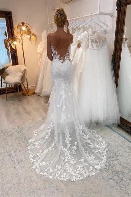 Vintage White Long Mermaid V-neck Lace Wedding Dresses by misshow.com