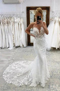 Vintage White Long Mermaid V-neck Lace Wedding Dresses by misshow.com