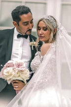 Vintage White Long Sleeve Ball Gown Satin Wedding Dresses With Lace by misshow.com