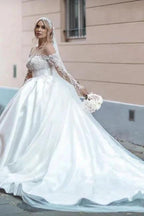 Vintage White Long Sleeve Ball Gown Satin Wedding Dresses With Lace by misshow.com