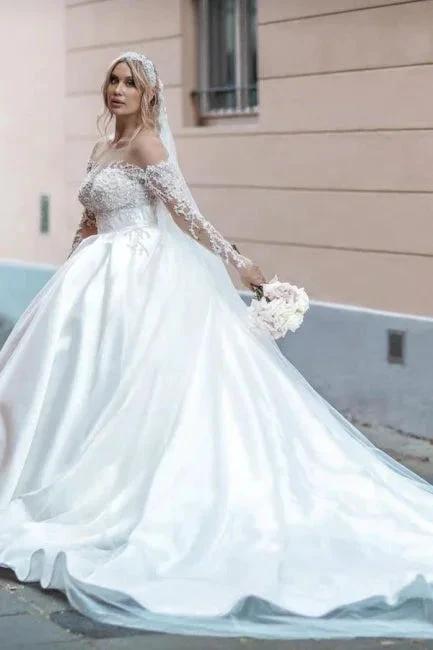 Vintage White Long Sleeve Ball Gown Satin Wedding Dresses With Lace by misshow.com