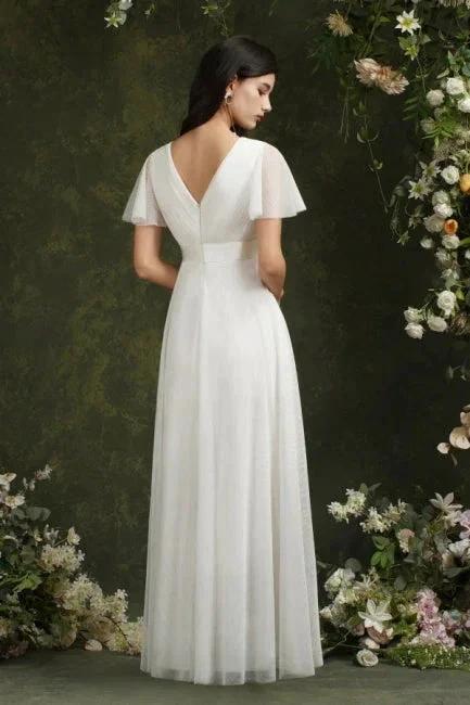 Vintage white V-Neck Short-Sleeves A-Line Floor-Length Tulle Prom Dresses by misshow.com