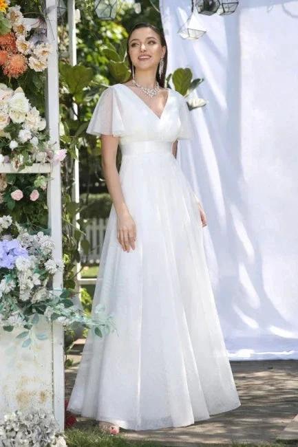 Vintage white V-Neck Short-Sleeves A-Line Floor-Length Tulle Prom Dresses by misshow.com