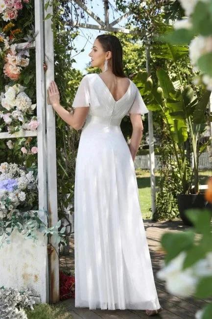 Vintage white V-Neck Short-Sleeves A-Line Floor-Length Tulle Prom Dresses by misshow.com