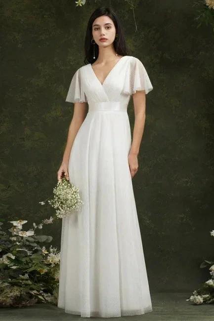 Vintage white V-Neck Short-Sleeves A-Line Floor-Length Tulle Prom Dresses by misshow.com
