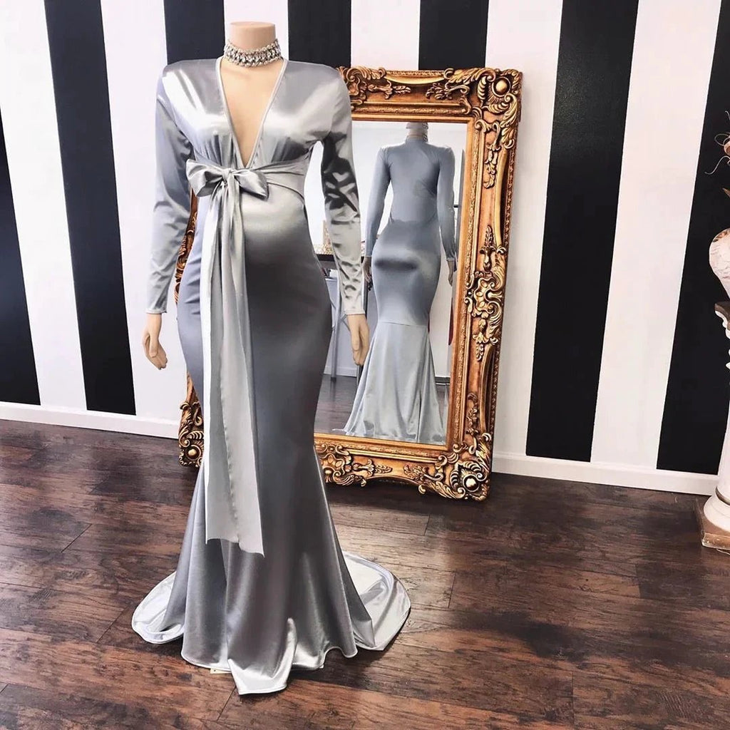 Vneck Long Sleeves Silky Ribbons Floor Length Maternity Dresses by misshow.com