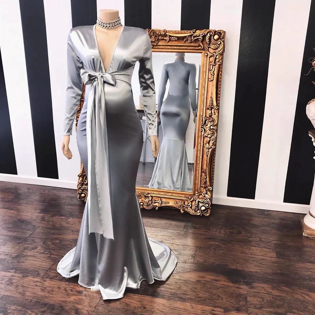 Vneck Long Sleeves Silky Ribbons Floor Length Maternity Dresses by misshow.com