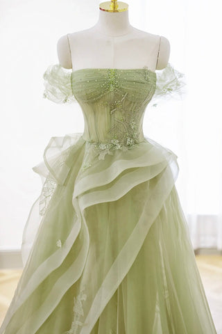 Nellie | Vestido largo de fiesta con encaje de tul verde y corsé, vestido de fiesta formal verde