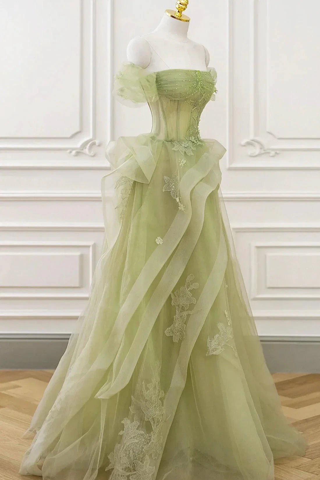 Nellie | Green Tulle Lace Long Prom Dress with Corset, Green Formal Party Dress by KissProm