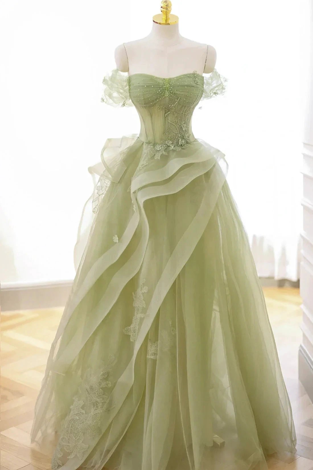 Nellie | Green Tulle Lace Long Prom Dress with Corset, Green Formal Party Dress by KissProm