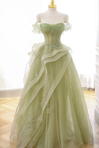 Nellie | Vestido largo de fiesta con encaje de tul verde y corsé, vestido de fiesta formal verde