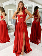 A-Line Fuchsia One Shoulder Keyhole Pleated Metallic Prom Dress with Slit by KissProm
