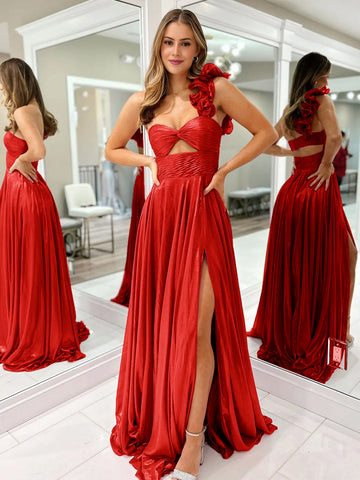 A-Linie Fuchsia One-Shoulder Keyhole Plissee Metallic Ballkleid mit Schlitz