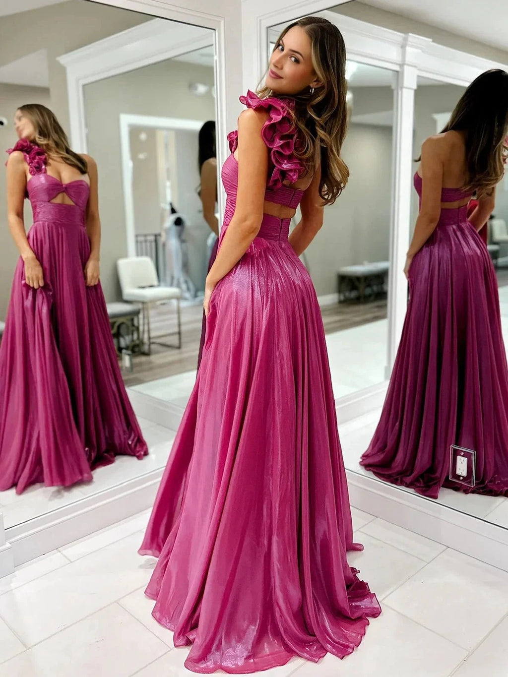 A-Line Fuchsia One Shoulder Keyhole Pleated Metallic Prom Dress with Slit by KissProm