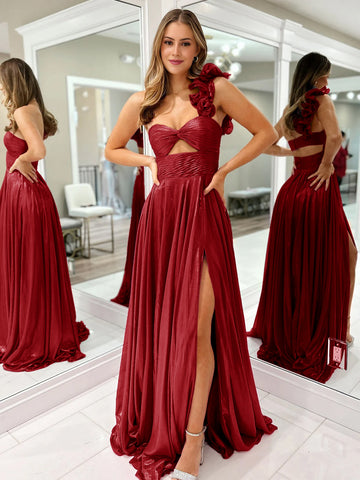 A-Linie Fuchsia One-Shoulder Keyhole Plissee Metallic Ballkleid mit Schlitz