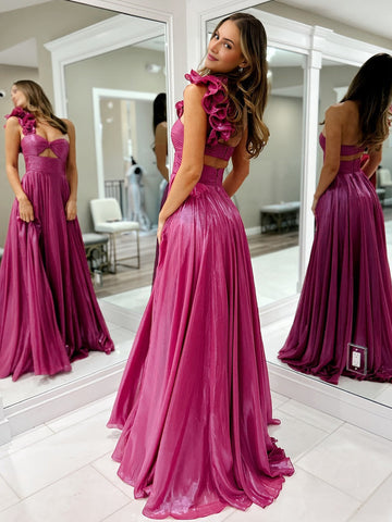A-Linie Fuchsia One-Shoulder Keyhole Plissee Metallic Ballkleid mit Schlitz
