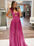 A-Line Fuchsia One Shoulder Keyhole Pleated Metallic Prom Dress with Slit by KissProm