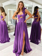 A-Line Fuchsia One Shoulder Keyhole Pleated Metallic Prom Dress with Slit by KissProm