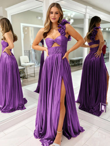 A-Linie Fuchsia One-Shoulder Keyhole Plissee Metallic Ballkleid mit Schlitz