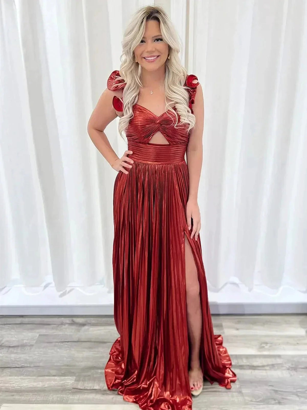 A-Line Fuchsia One Shoulder Keyhole Pleated Metallic Prom Dress with Slit by KissProm