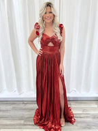 A-Line Fuchsia One Shoulder Keyhole Pleated Metallic Prom Dress with Slit by KissProm