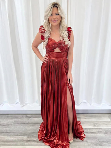 A-Linie Fuchsia One-Shoulder Keyhole Plissee Metallic Ballkleid mit Schlitz