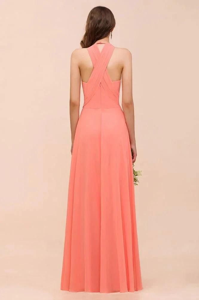 Watermelon Colorful Bridesmaid Maxi Dress Floor-Length V-Neck Maid of Honor Dress by misshow.com