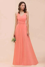 Watermelon Colorful Bridesmaid Maxi Dress Floor-Length V-Neck Maid of Honor Dress by misshow.com