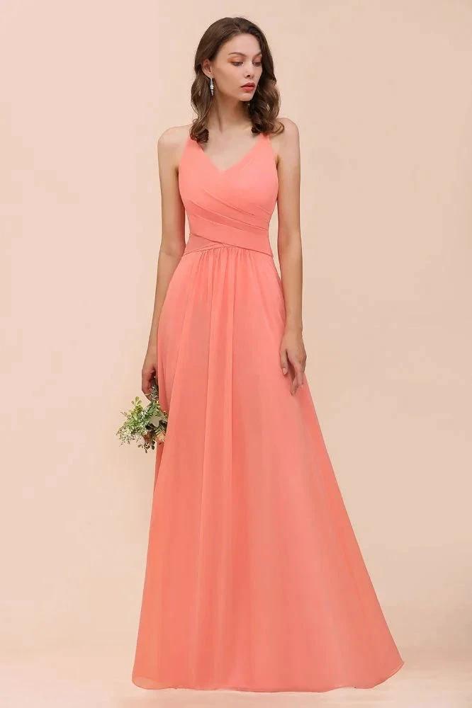 Watermelon Colorful Bridesmaid Maxi Dress Floor-Length V-Neck Maid of Honor Dress by misshow.com