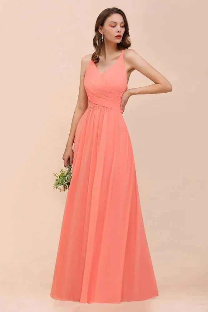 Watermelon Colorful Bridesmaid Maxi Dress Floor-Length V-Neck Maid of Honor Dress by misshow.com