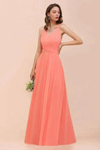 Watermelon Colorful Bridesmaid Maxi Dress Floor-Length V-Neck Maid of Honor Dress by misshow.com