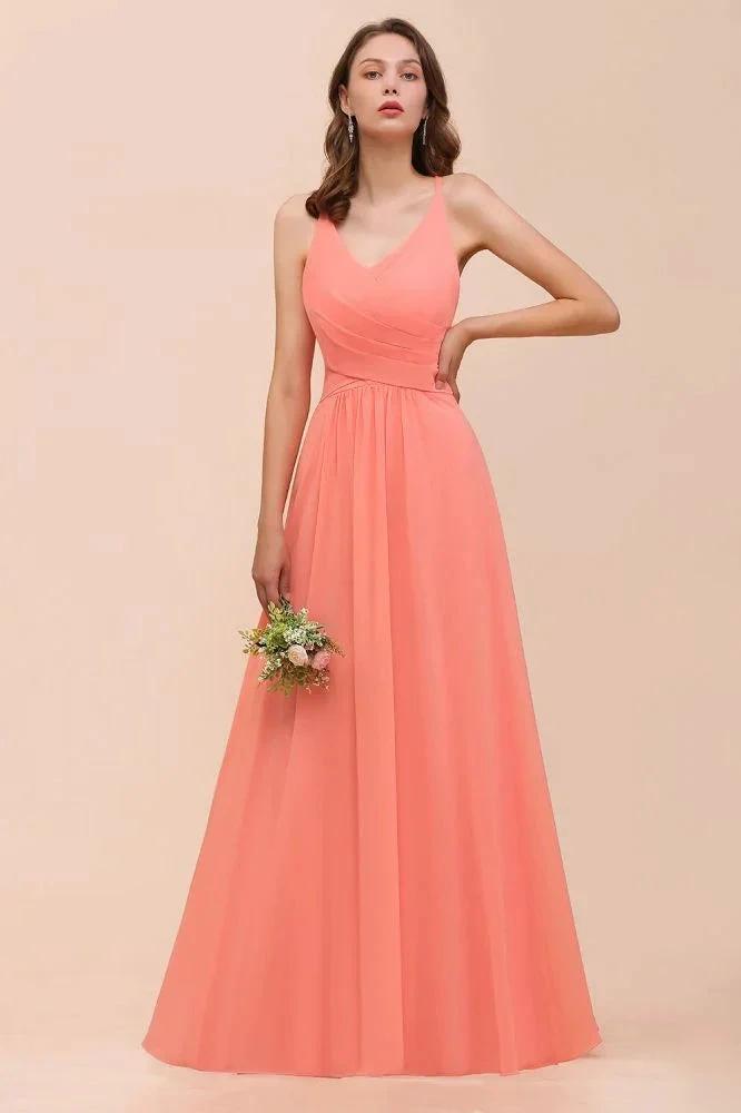 Watermelon Colorful Bridesmaid Maxi Dress Floor-Length V-Neck Maid of Honor Dress by misshow.com