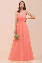 Watermelon Colorful Bridesmaid Maxi Dress Floor-Length V-Neck Maid of Honor Dress by misshow.com