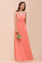 Watermelon Colorful Bridesmaid Maxi Dress Floor-Length V-Neck Maid of Honor Dress by misshow.com