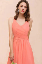 Watermelon Colorful Bridesmaid Maxi Dress Floor-Length V-Neck Maid of Honor Dress by misshow.com