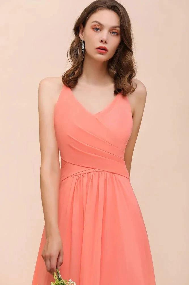 Watermelon Colorful Bridesmaid Maxi Dress Floor-Length V-Neck Maid of Honor Dress by misshow.com