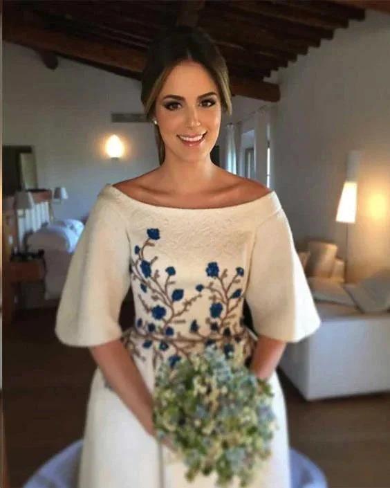 Wedding Dresses Bateau Embroidery Romantic Half Sleeve Bridal Gown WD483 by pgmdress