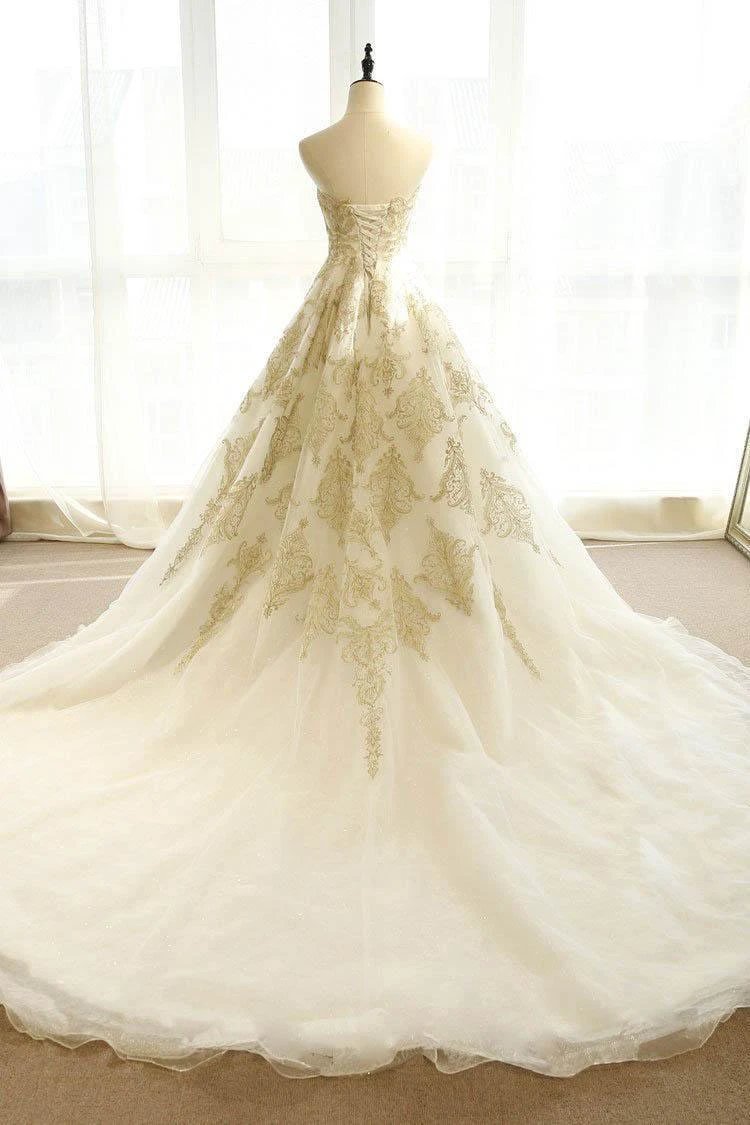 Wedding Dresses Ivory Gold Appliques Sweep/Brush Train Bridal Gown WD430 by pgmdress