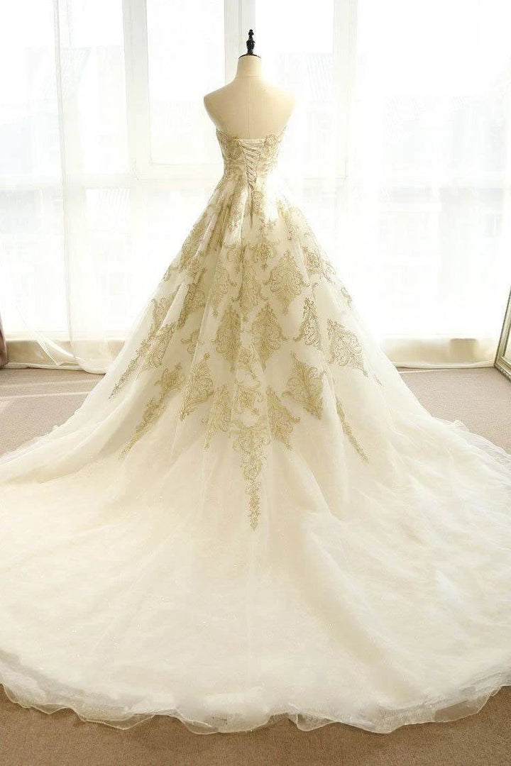 Wedding Dresses Ivory Gold Appliques Sweep/Brush Train Bridal Gown WD430 by pgmdress