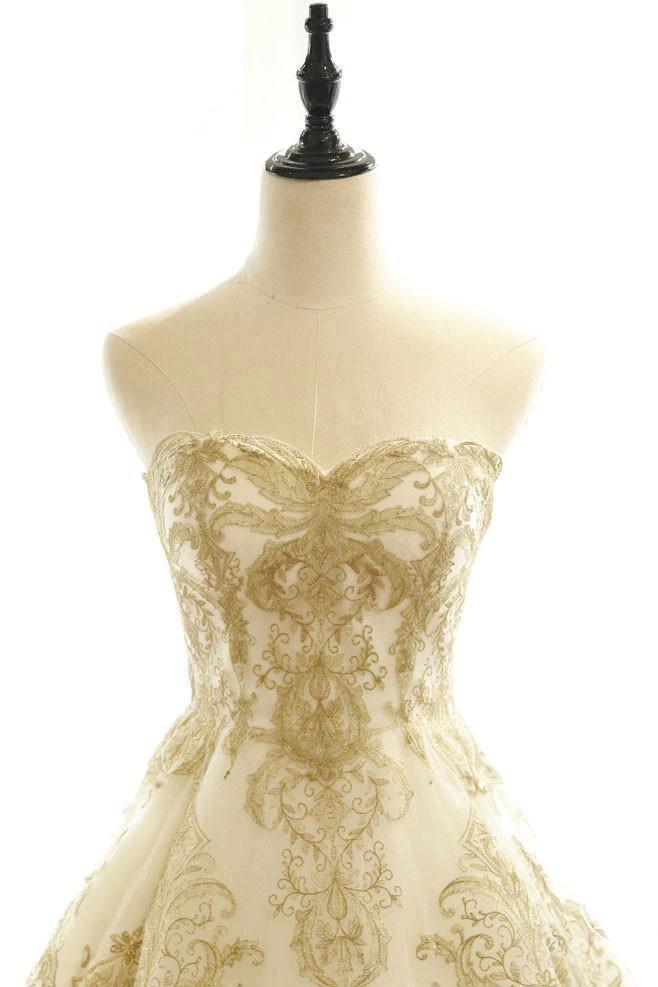 Wedding Dresses Ivory Gold Appliques Sweep/Brush Train Bridal Gown WD430 by pgmdress
