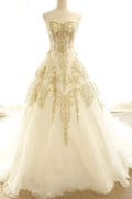 Wedding Dresses Ivory Gold Appliques Sweep/Brush Train Bridal Gown WD430 by pgmdress