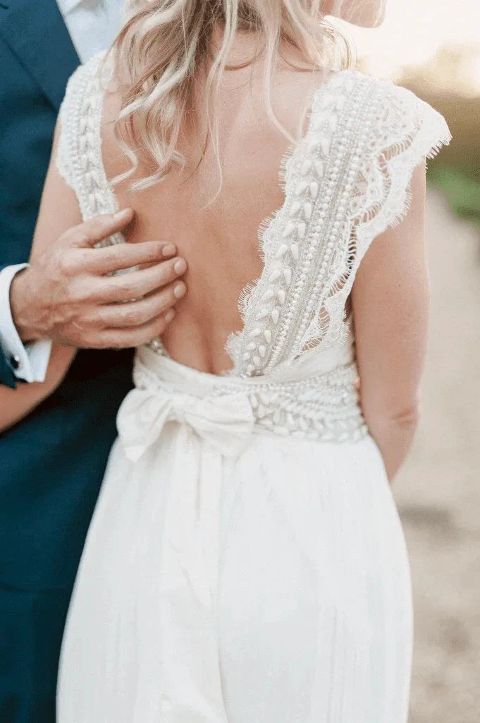 Wedding Dresses Modest Deep V-neck Beach Open Back Bridal Gowns WD539 by pgmdress