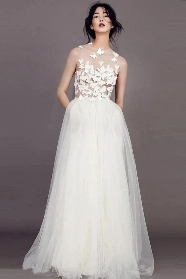 Wedding Dresses Scoop A-line Butterfly Appliques Tulle Ivory Bridal Gown WD421 by pgmdress