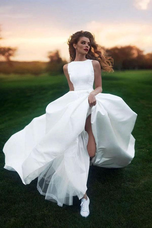 Wedding Dresses Scoop A-line Long Train Simple Satin Bridal Gown WD449 by pgmdress