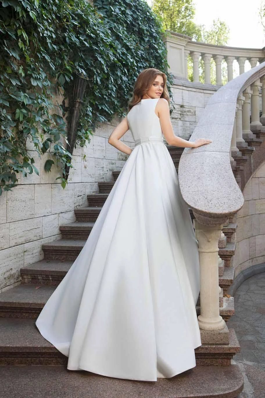 Wedding Dresses Scoop A-line Long Train Simple Satin Bridal Gown WD449 by pgmdress