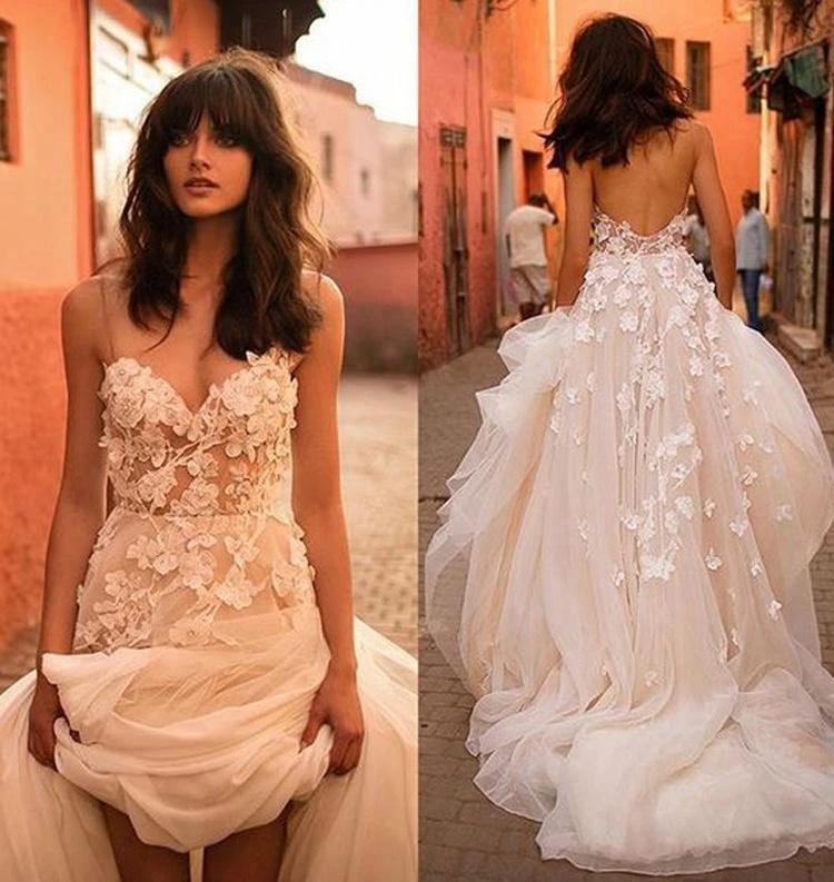 Wedding Dresses Straps A-line Backless Brush Train Tulle Long Bridal Gown WD426 by pgmdress