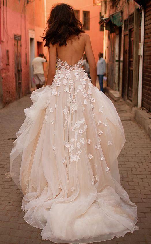 Wedding Dresses Straps A-line Backless Brush Train Tulle Long Bridal Gown WD426 by pgmdress