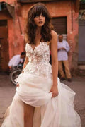 Wedding Dresses Straps A-line Backless Brush Train Tulle Long Bridal Gown WD426 by pgmdress
