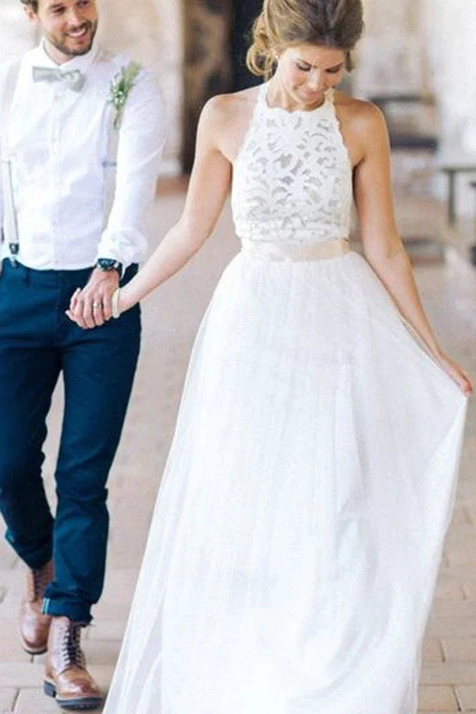 Simple White Halter Lace Long Sheath Beach Wedding Dresses Bridal Dresses MW241 by musebridals